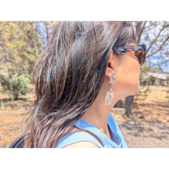 Handmade Navajo Sterling Silver Signed Earrings Thunderbird w Pink Conch Shell * - Picture 8 of 12